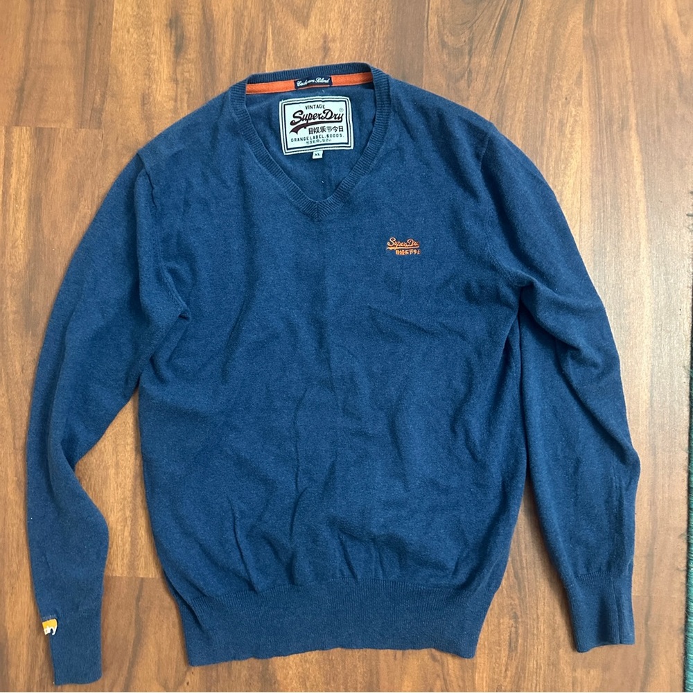 SUPERDRY Men's Jumper V Neck Cotton Cashmere Blue Pullover XL